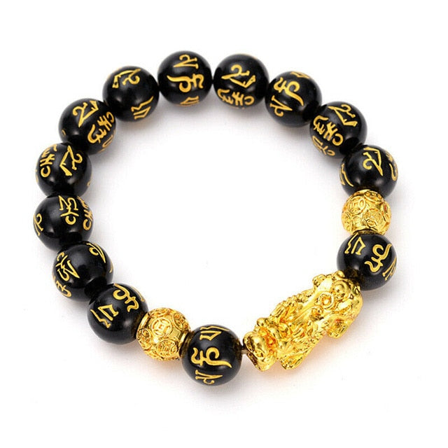 Gambling Luck Feng Shui Bracelet- 18K Gold + Real Obsidian